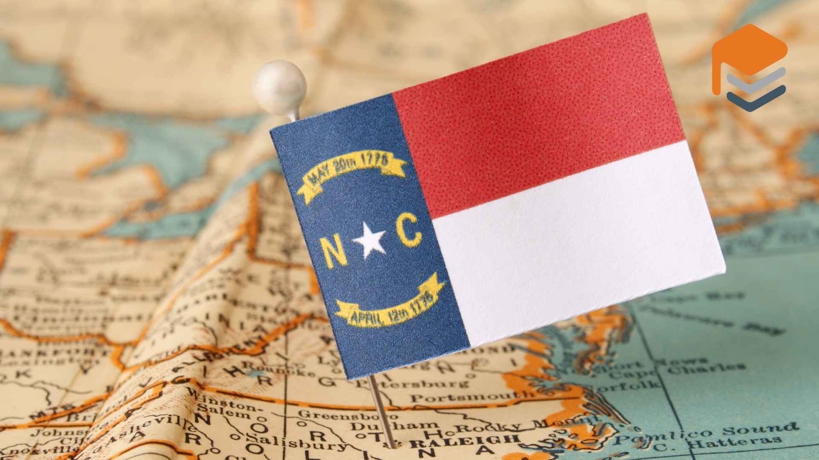 North Carolina flag on United States map