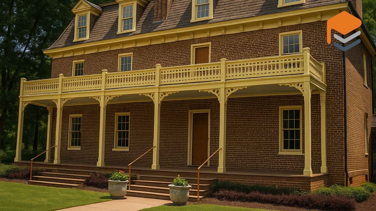 A two-story historic brick building in Cary, North Carolina, featuring a steep mansard roof with dormer windows, a full-length yellow wooden porch with decorative trim, and two central chimneys, surrounded by lush green trees and a manicured lawn under a bright blue sky.
