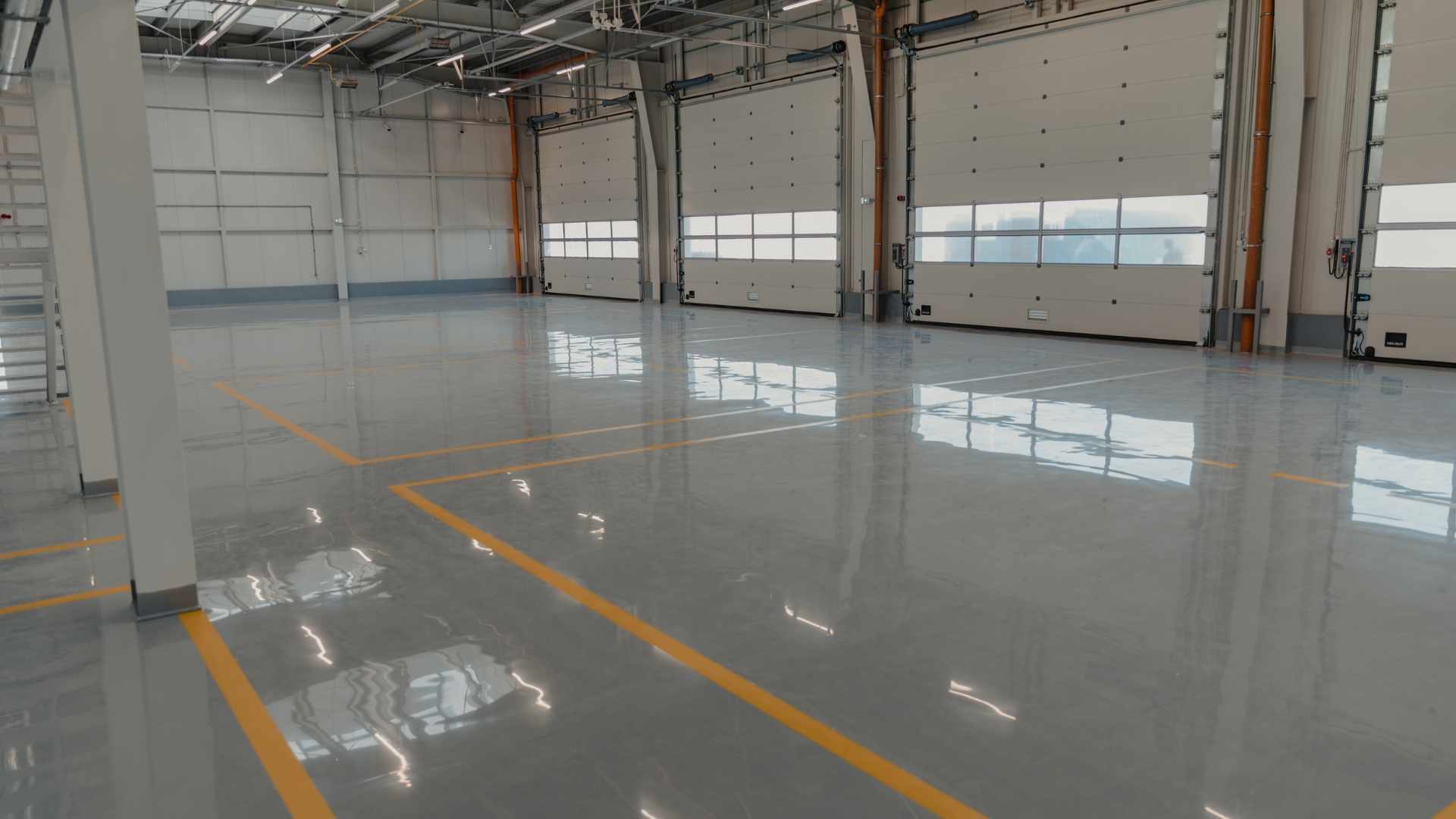 Empty industrial warehouse with polished floors