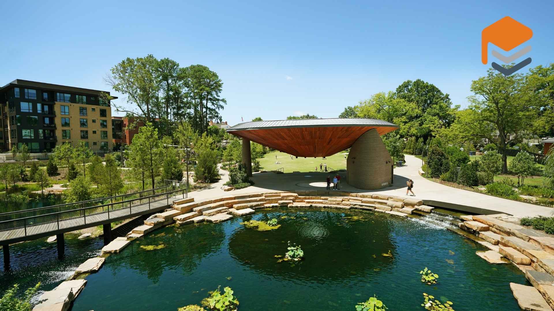 Downtown Cary Park in Cary NC, , a renovated public city park with playgrounds, cafes and an amphitheater