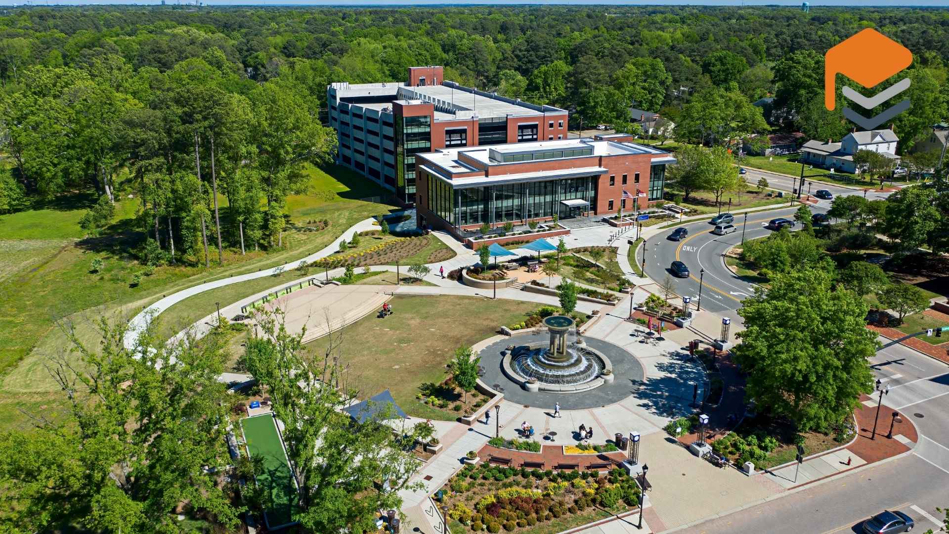 Aerial drone photo of downtown park and library in Cary NC