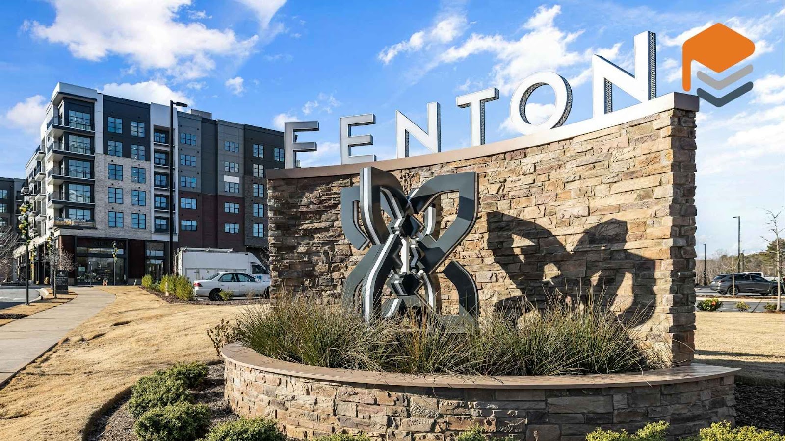 Fenton development entrance with modern buildings in Cary North carolina.