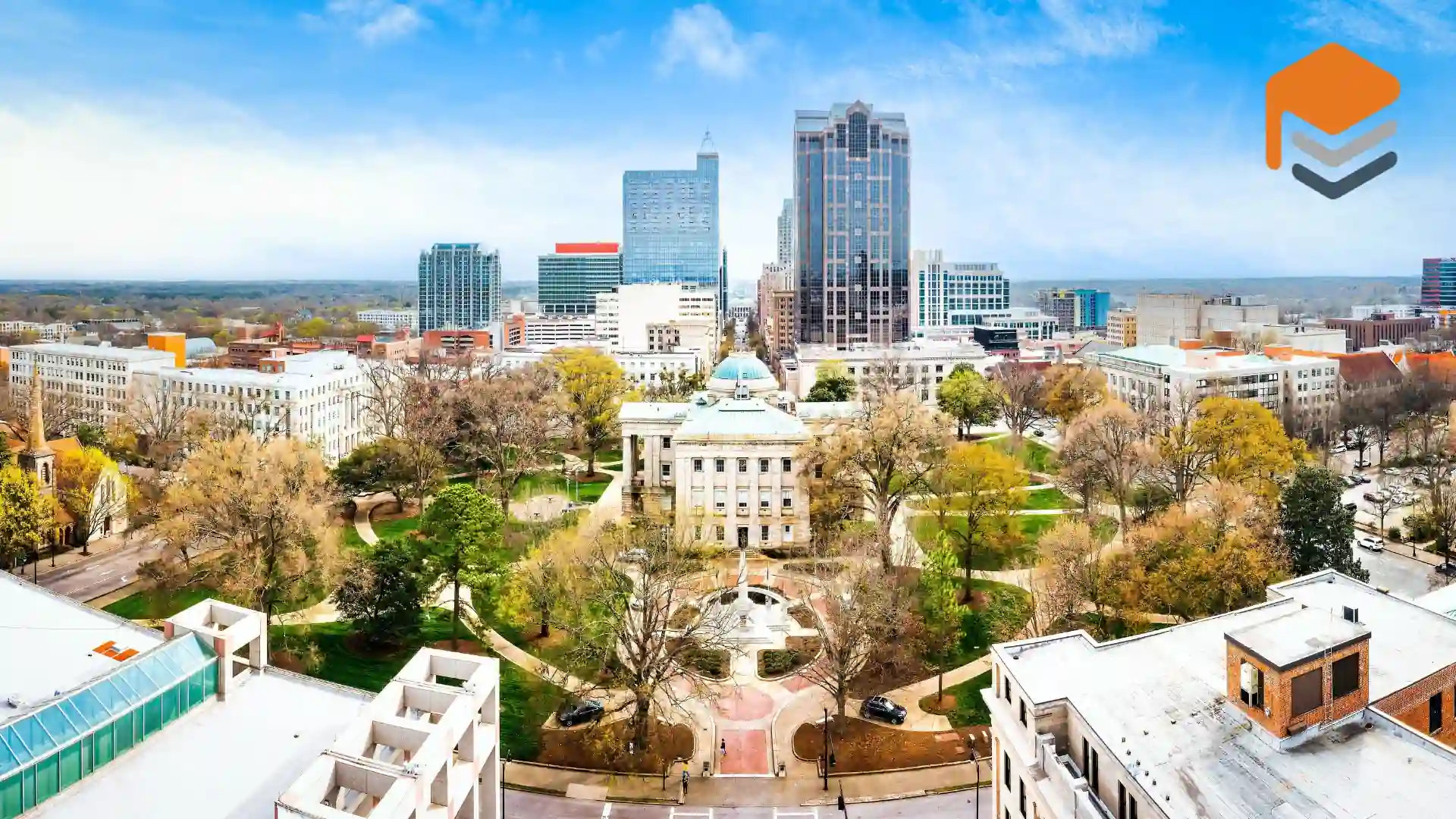 Aerial view of Raleigh cityscape and skyline.