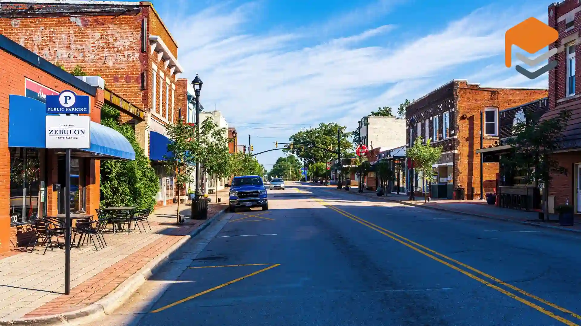 Downtown Zebulon street view with parking sign.
