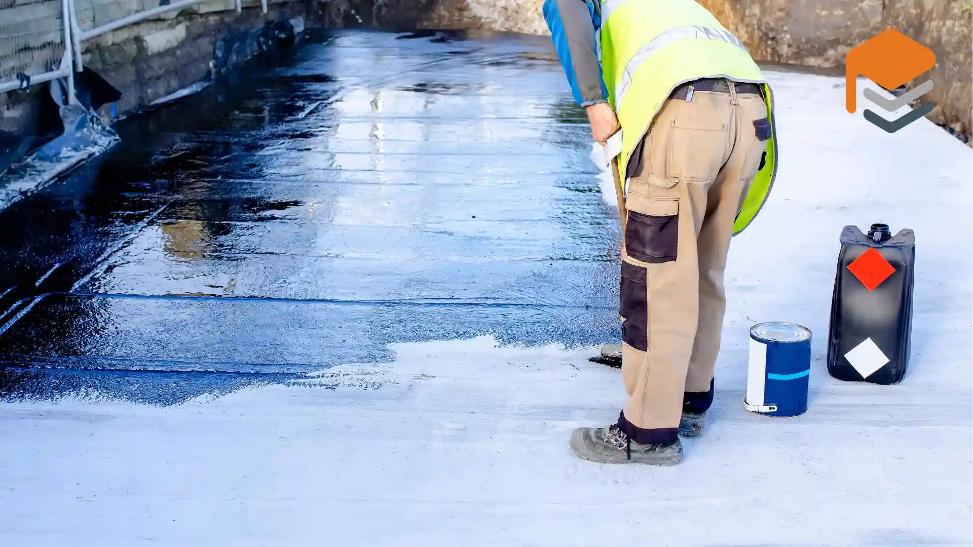 Worker applying waterproof coating to surface.
