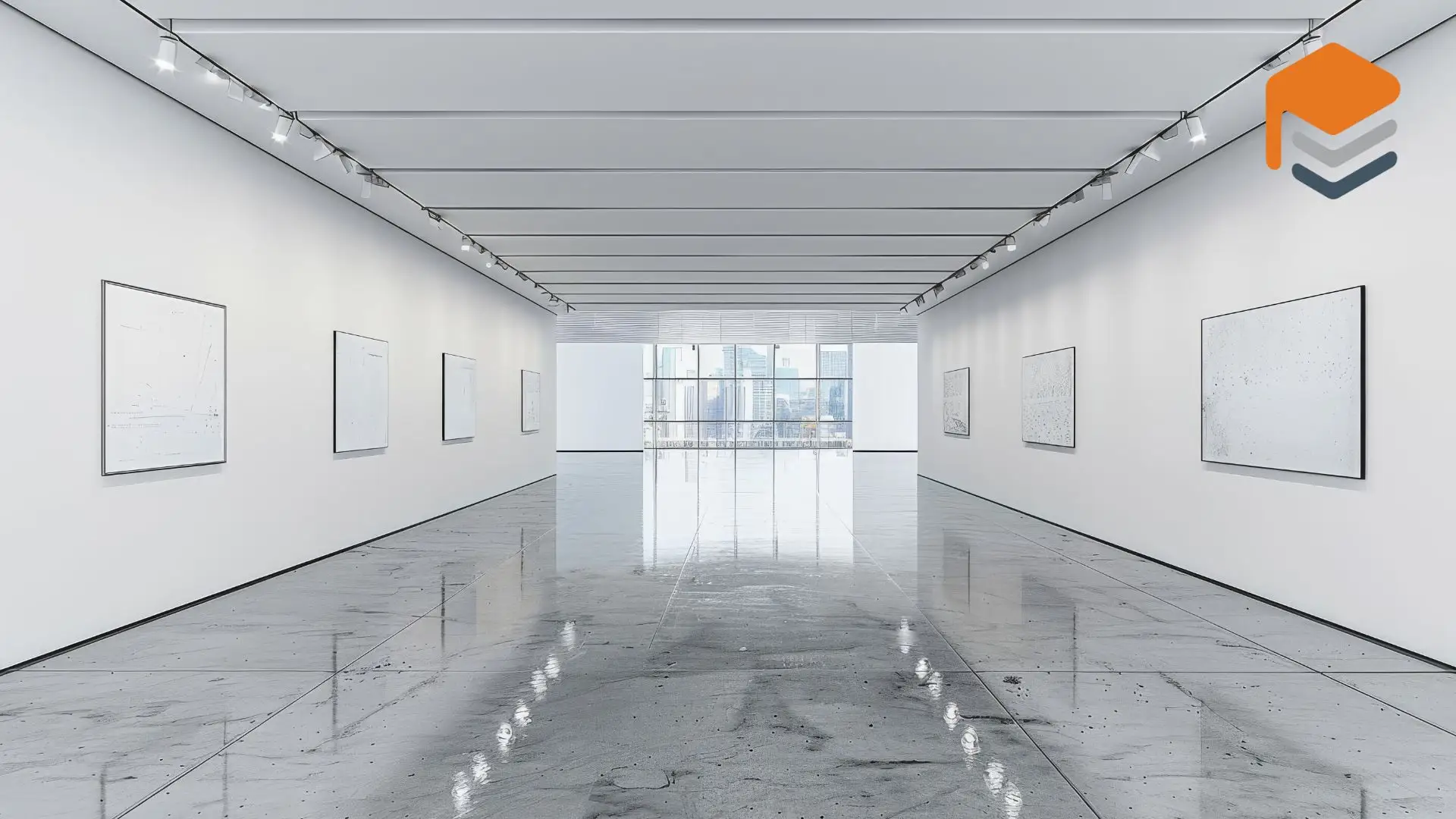 Empty art gallery hallway with abstract paintings and modern concrete coating