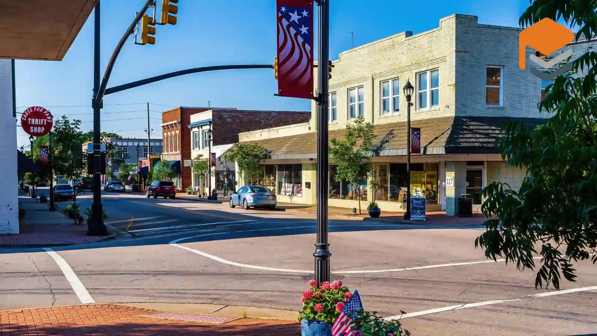 zebulon intersection, shops, and traffic lights.