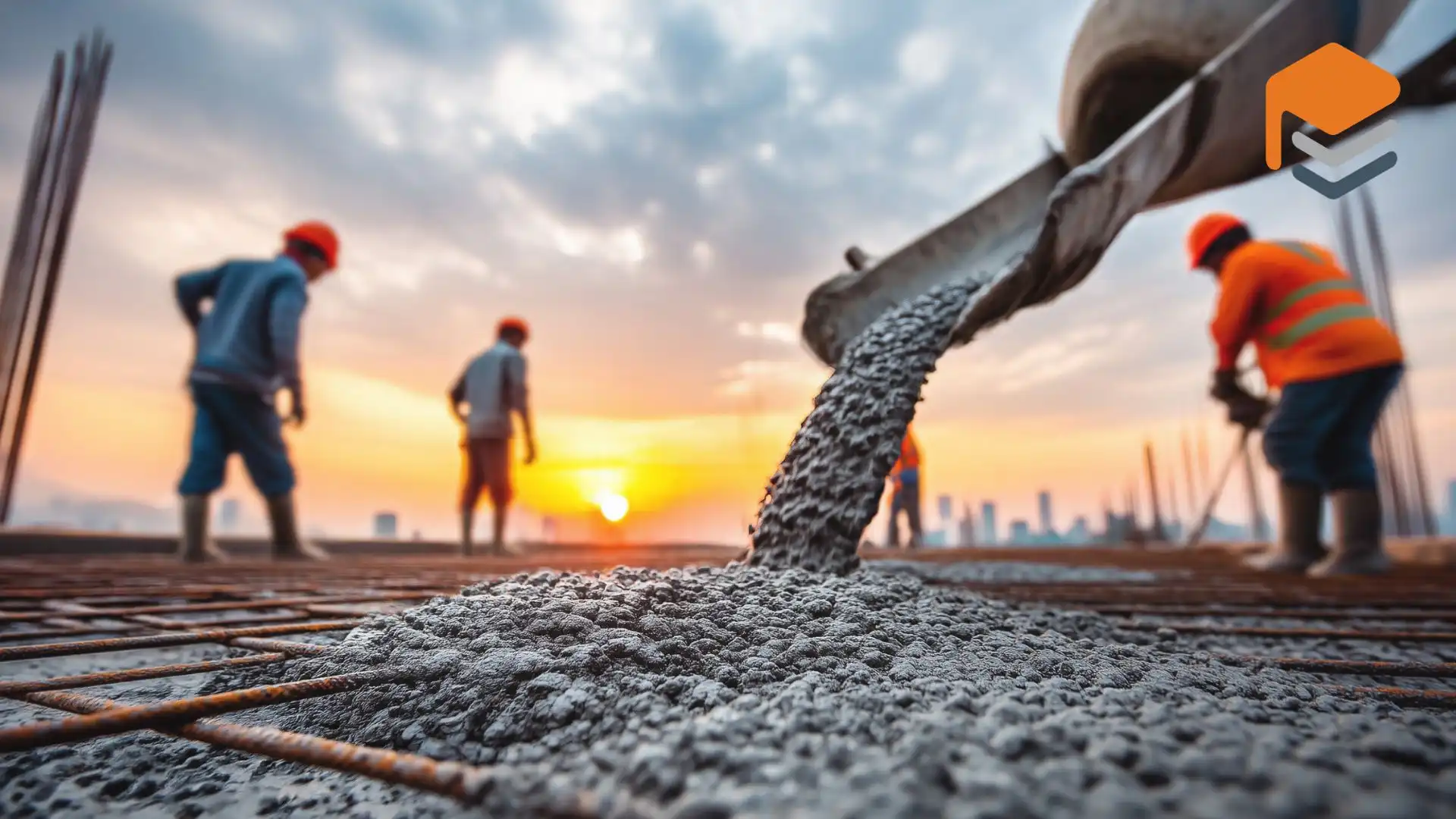 Concrete poured at construction site during sunset