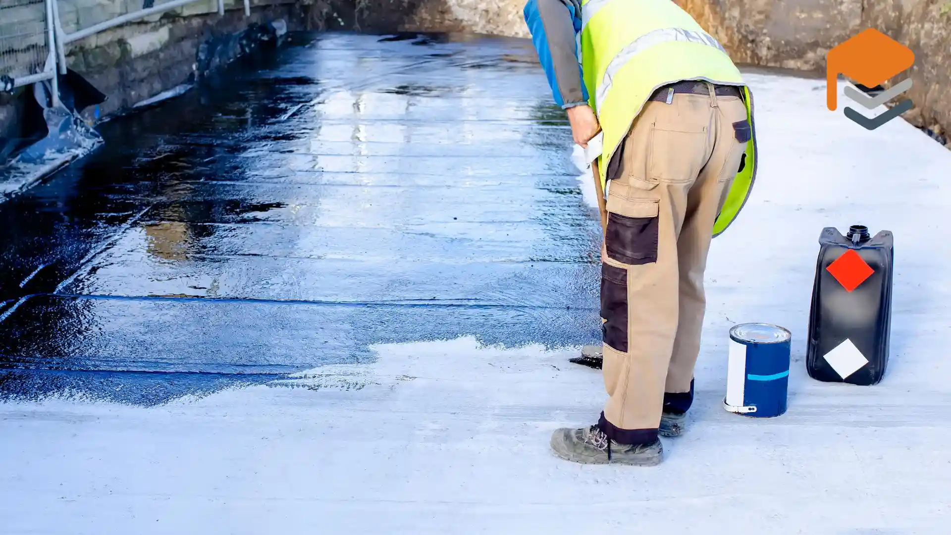Worker applying waterproofing on concrete surface